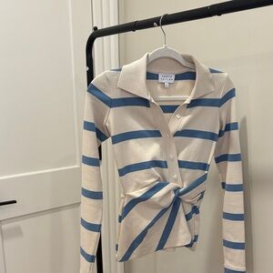Tanya Taylor Blue and Cream Striped Button Down Shirt